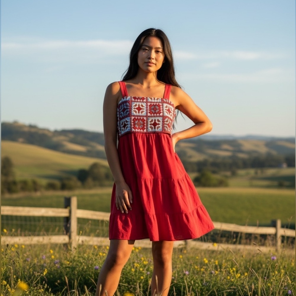 BOHO CROCHET RED EMBROIDERED NY & CO WESTERN CASUAL RUFFLE SUN DRESS SZ M